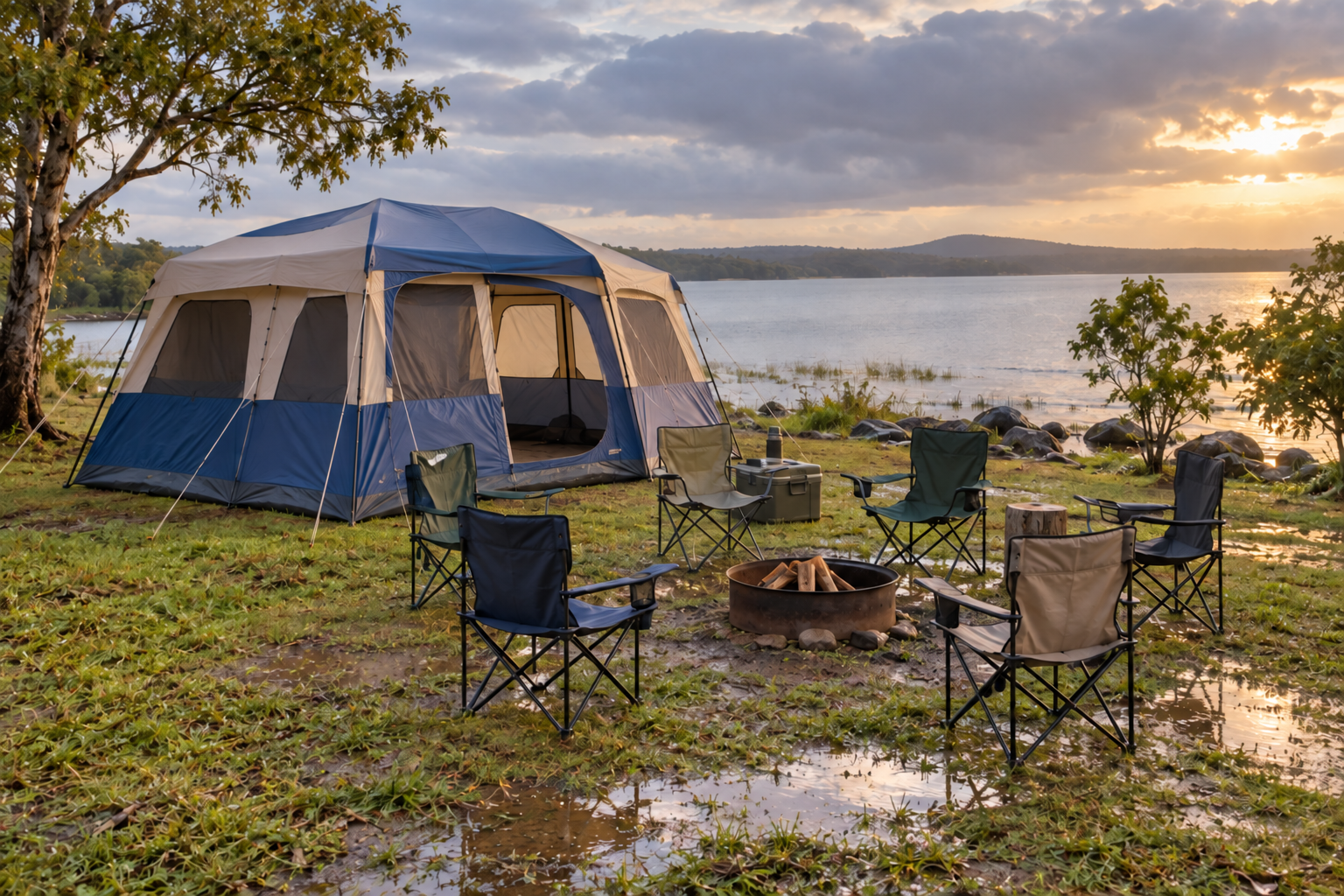 Campamento familiar con una mesa en el bosque